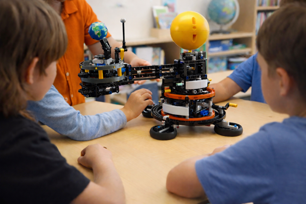 dzieci siedzą przy modelu układu słonecznego zbudowanego z klocków LEGO